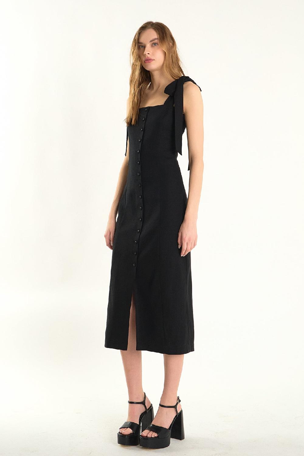 Endless Rose Celeste Linen Bow Tie Maxi Dress BLACK
