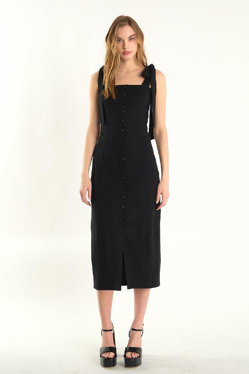 endless rose Celeste Linen Bow Tie Maxi Dress BLACK