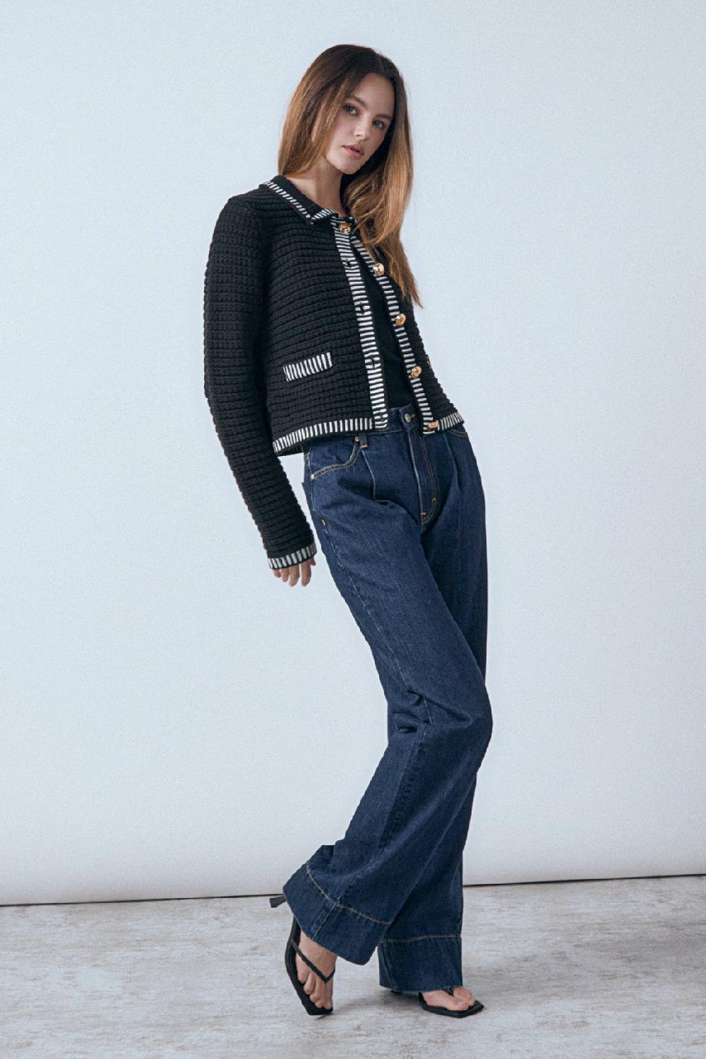 Endless Rose Celine Border Buttoned Jacket BLACK/CREAM