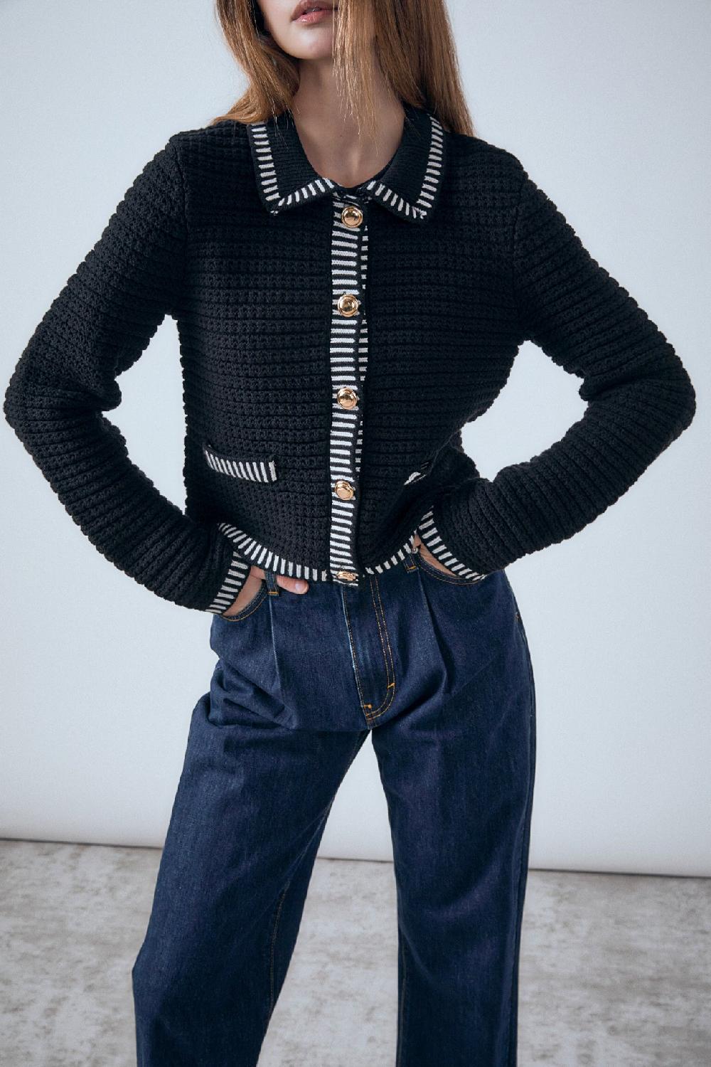 Endless Rose Celine Border Buttoned Jacket BLACK/CREAM