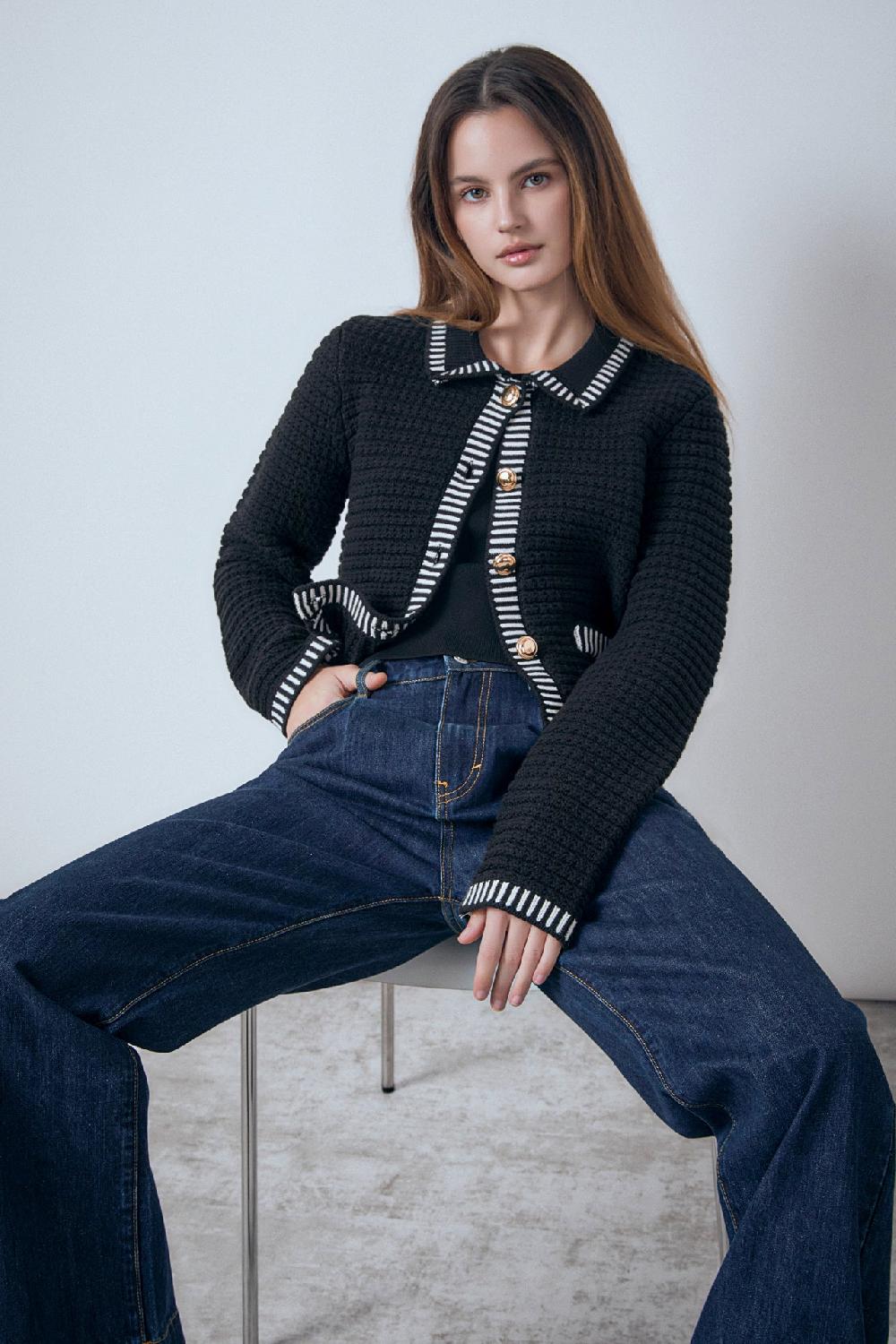 endless rose Celine Border Buttoned Jacket BLACK/CREAM