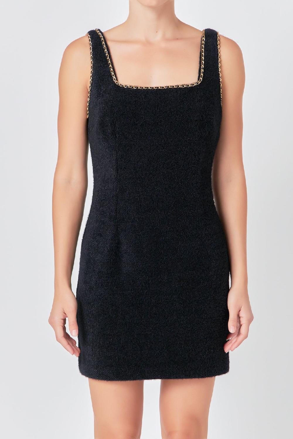 Endless Rose Chain Trimmed Square Neckline Mini Dress BLACK