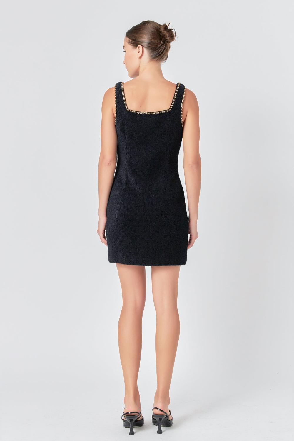 Endless Rose Chain Trimmed Square Neckline Mini Dress BLACK