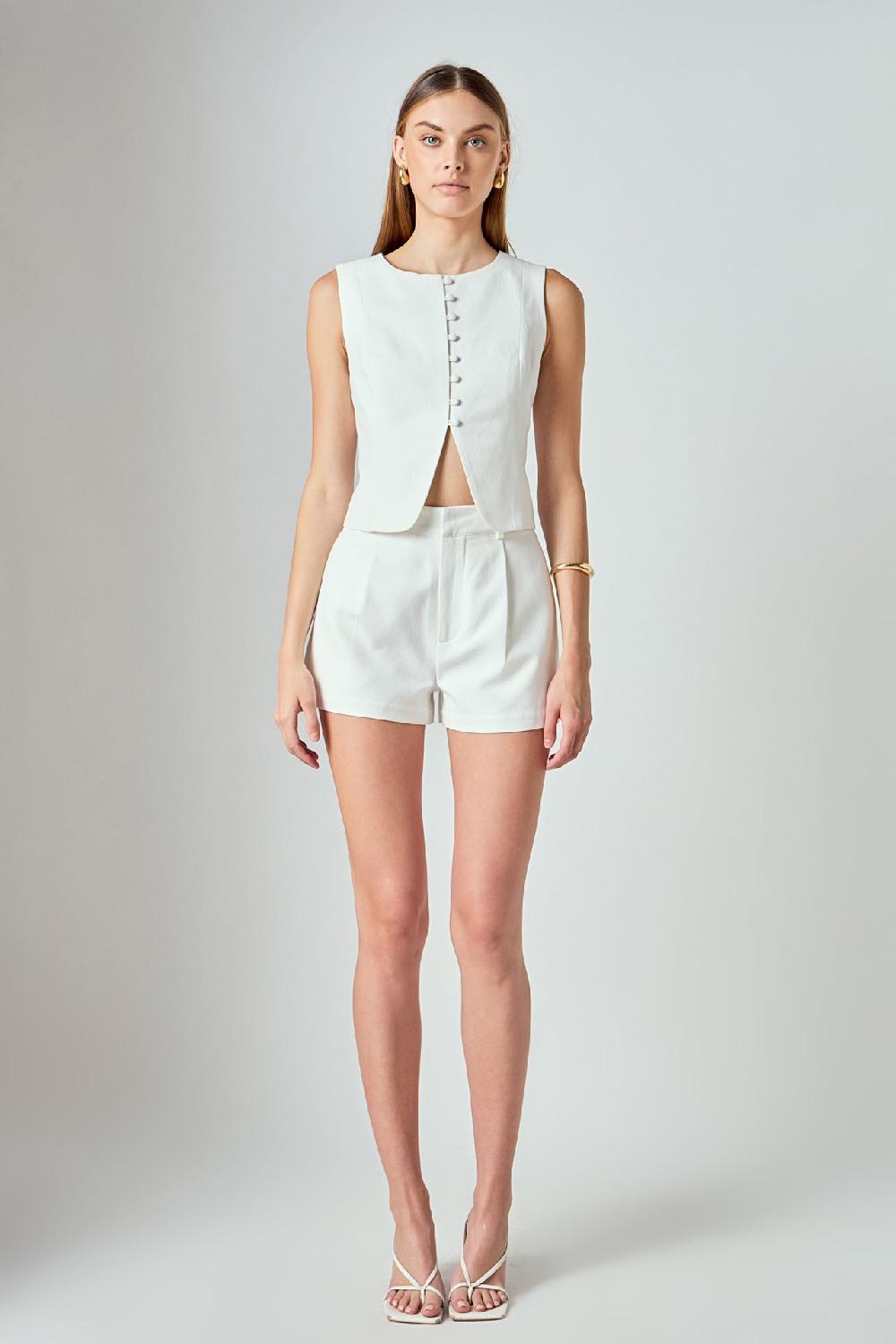 endless rose Charlotte Linen Pintucked Shorts OFF WHITE
