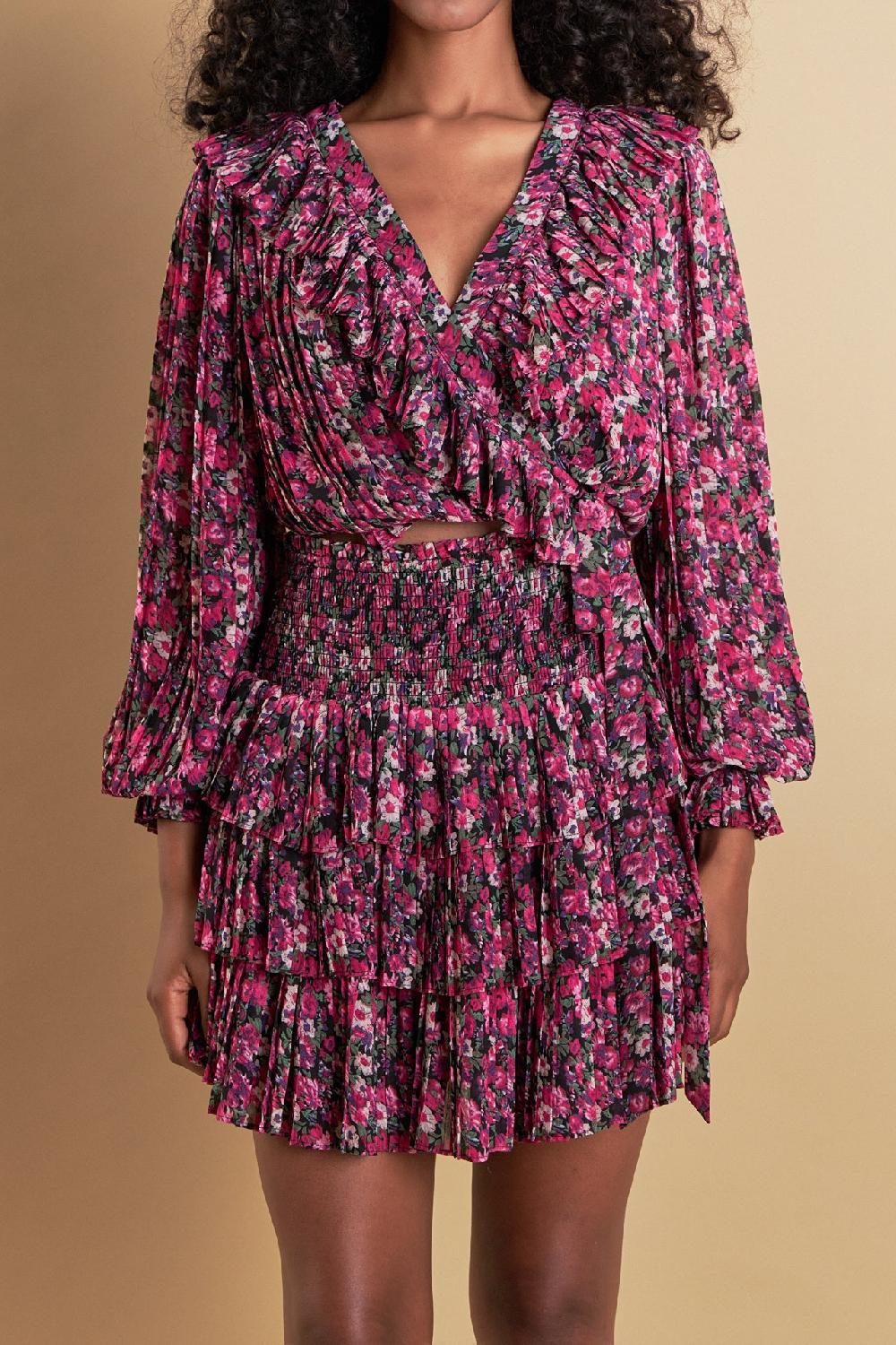 Endless Rose Chiffon Floral Printed Ruffled Crop Top BLACK/ FUCHSIA