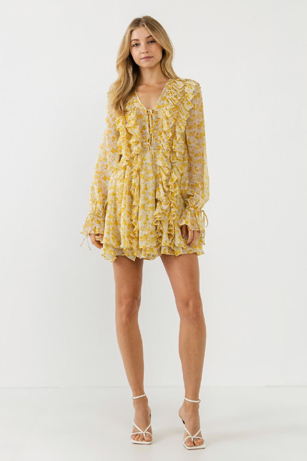 endless rose Chiffon Floral Ruffled Mini Dress YELLOW
