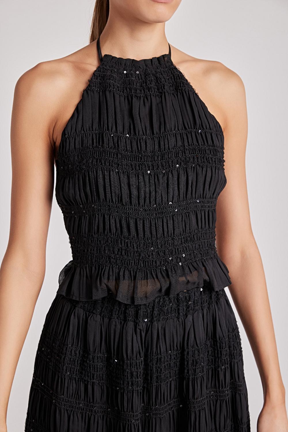 Endless Rose Chiffon Gathered Sequins Halter Top BLACK