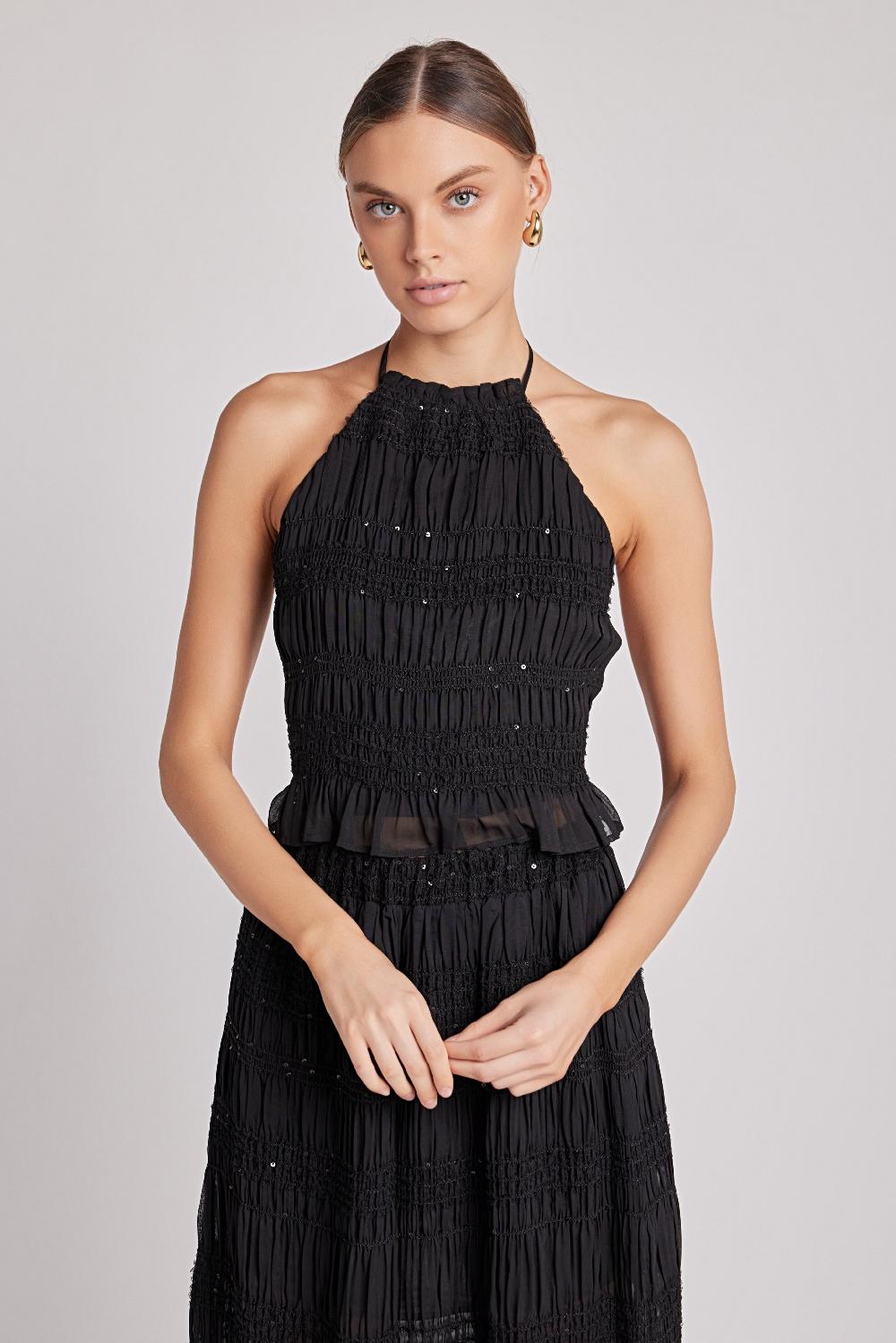 endless rose Chiffon Gathered Sequins Halter Top BLACK