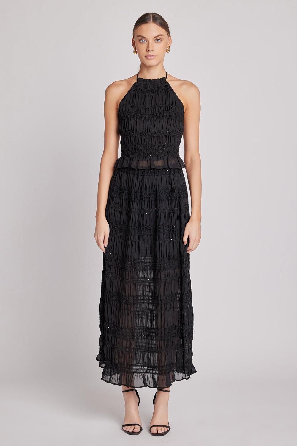 endless rose Chiffon Gathered Sequins Maxi Skirt BLACK