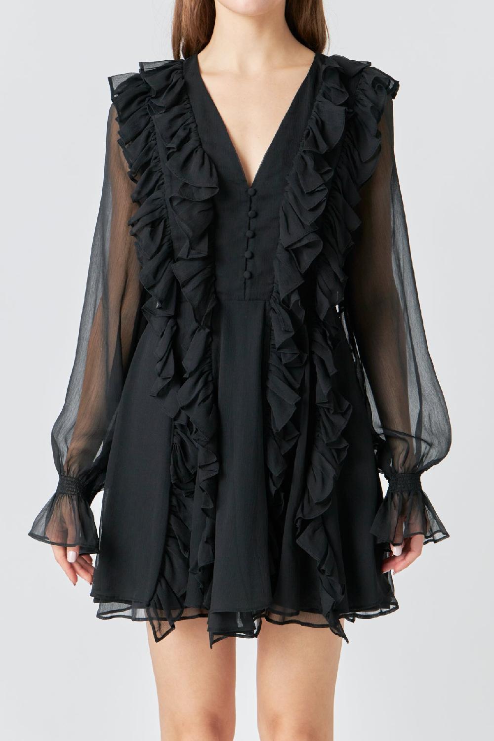 Endless Rose Chiffon Long-Sleeve Ruffle Mini Dress BLACK