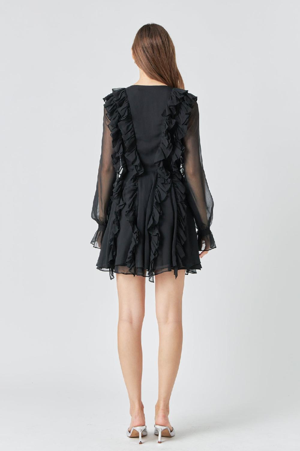Endless Rose Chiffon Long-Sleeve Ruffle Mini Dress BLACK