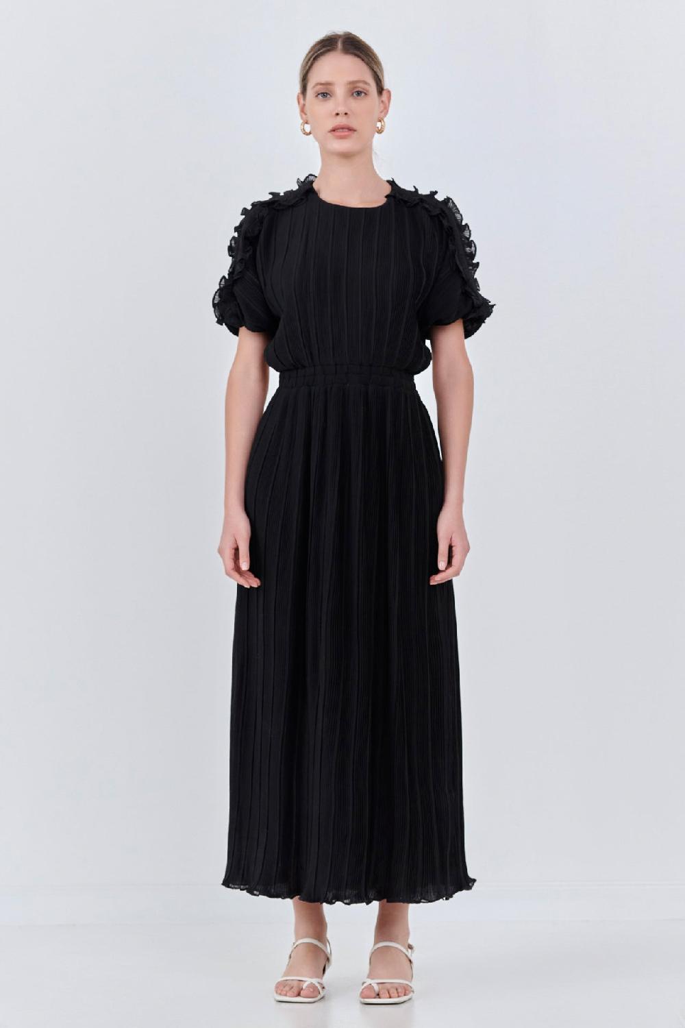 endless rose Chiffon Plisse Back Cutout Maxi Dress BLACK