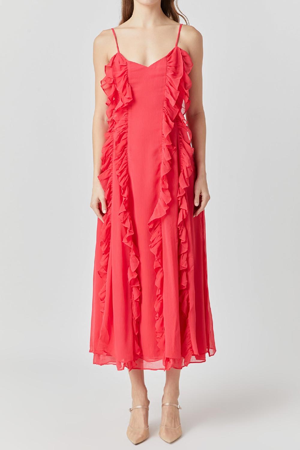 Endless Rose Chiffon Ruffled Spaghetti Maxi Dress RED