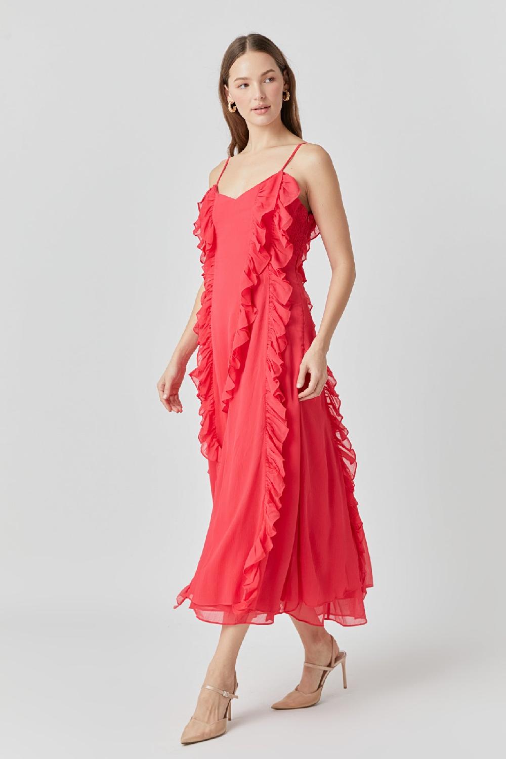 Endless Rose Chiffon Ruffled Spaghetti Maxi Dress RED