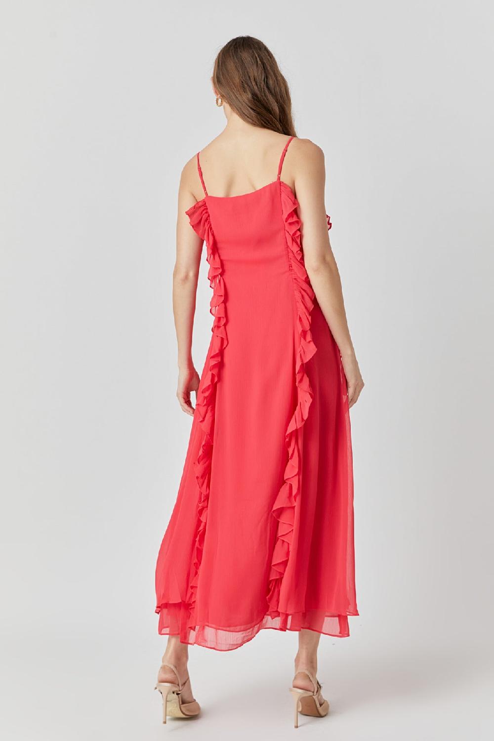 Endless Rose Chiffon Ruffled Spaghetti Maxi Dress RED