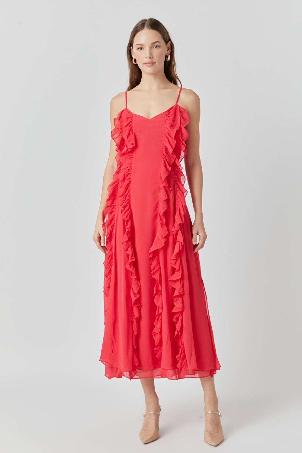 endless rose Chiffon Ruffled Spaghetti Maxi Dress RED