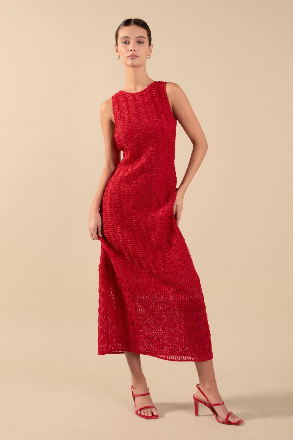 endless rose Chloe Textured Sleeveless Midi Dress RED