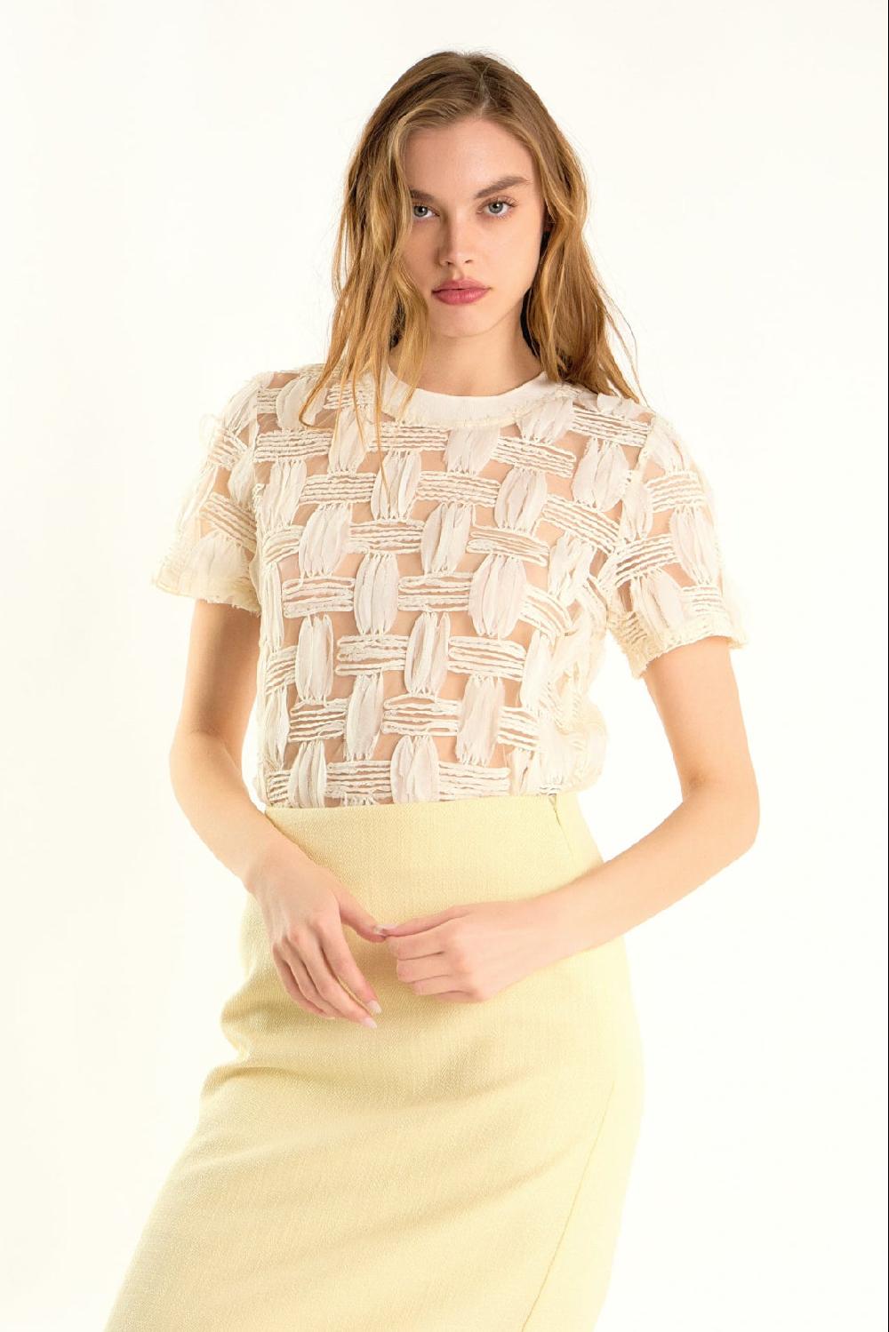 endless rose Claire Grid Textured Short Sleeve Top IVORY