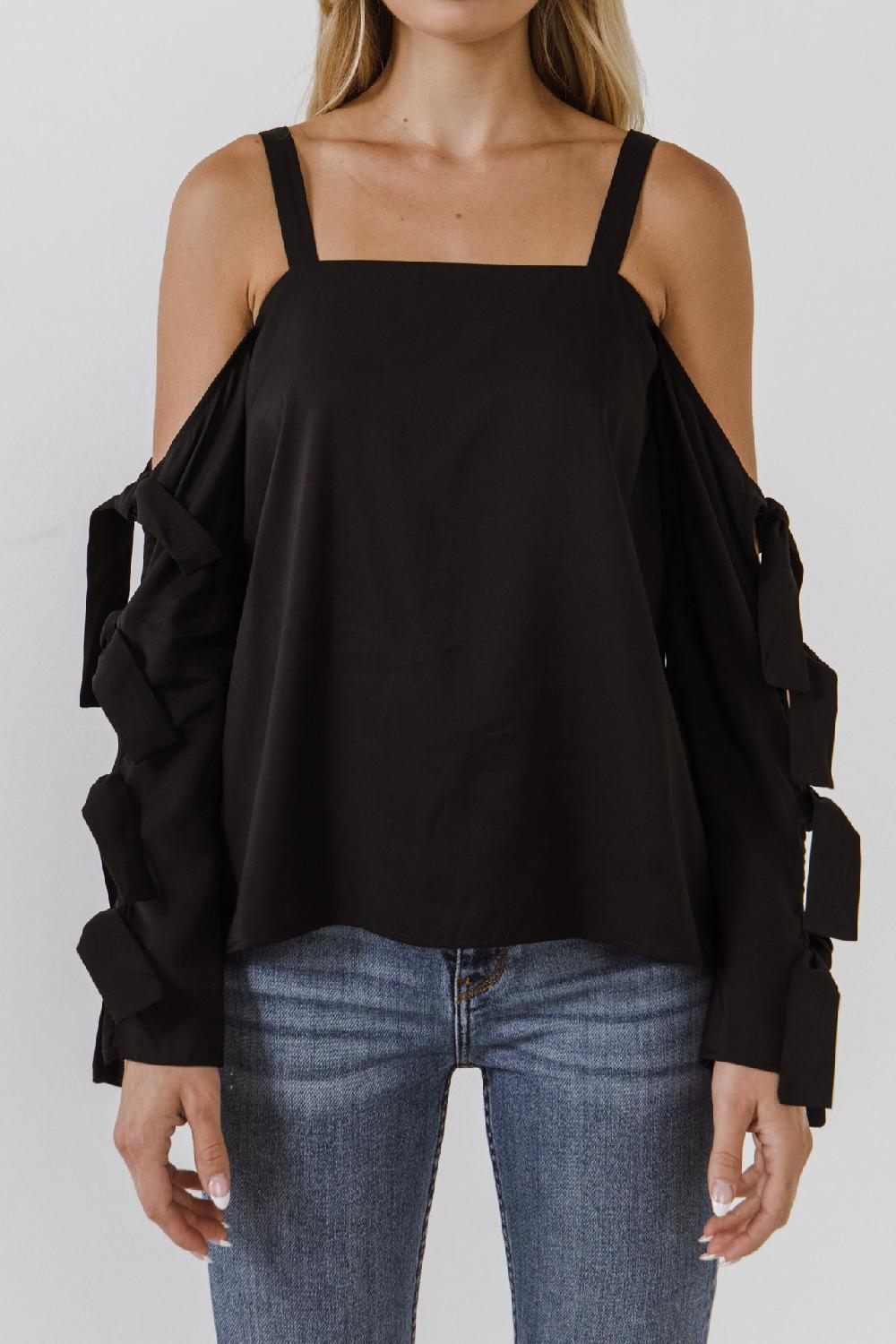 Endless Rose Cold Shoulder Top With Tied Ribbon Sleeve BLACK
