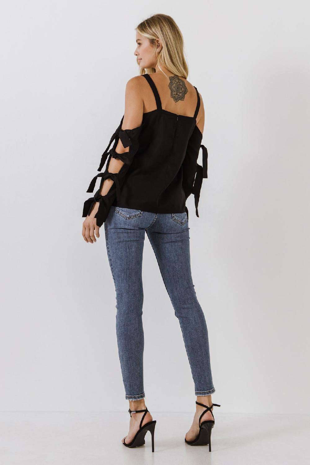 Endless Rose Cold Shoulder Top With Tied Ribbon Sleeve BLACK