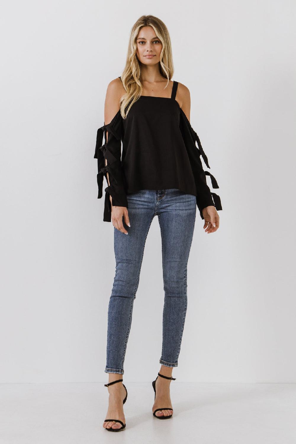 endless rose Cold Shoulder Top with Tied Ribbon Sleeve BLACK