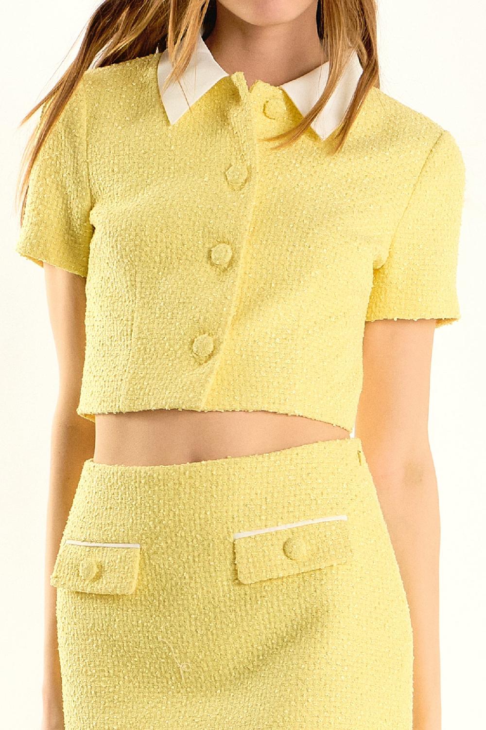 Endless Rose Collared Combination Tweed Cropped Top BUTTER