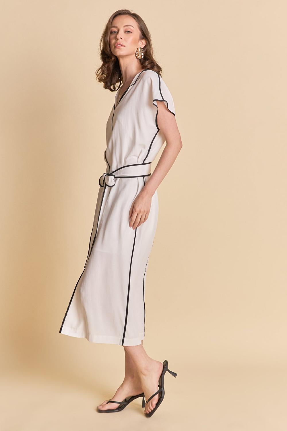Endless Rose Contrast Binding Belted Midi Dress WHITE/BLACK