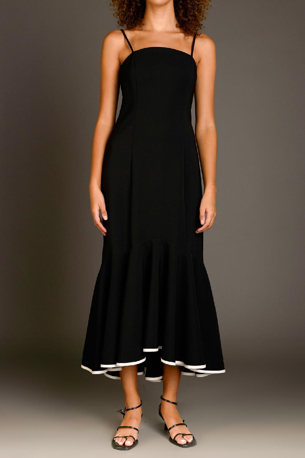 Endless Rose Contrast Binding Flounce Maxi Dress BLACK
