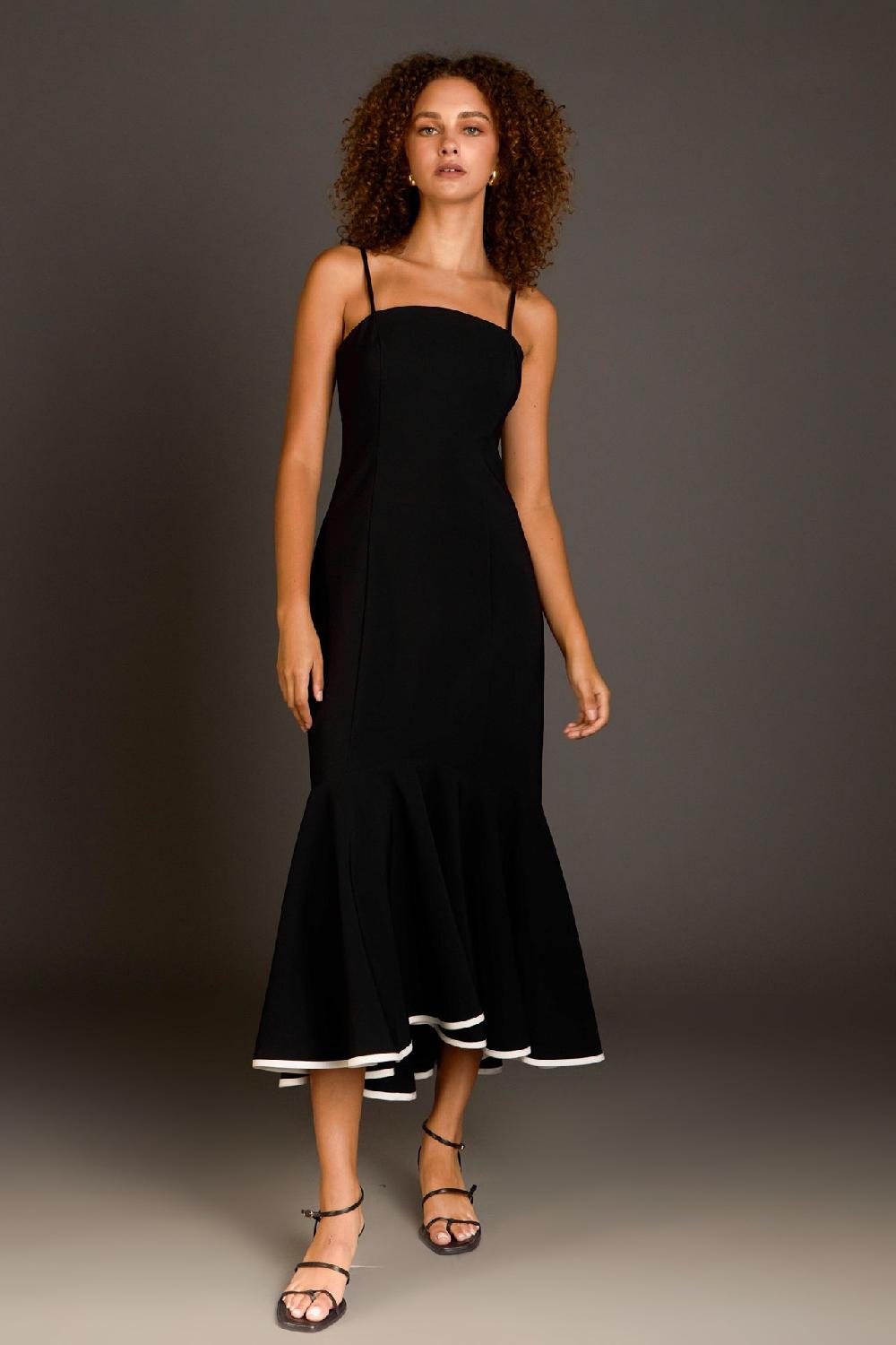 Endless Rose Contrast Binding Flounce Maxi Dress BLACK