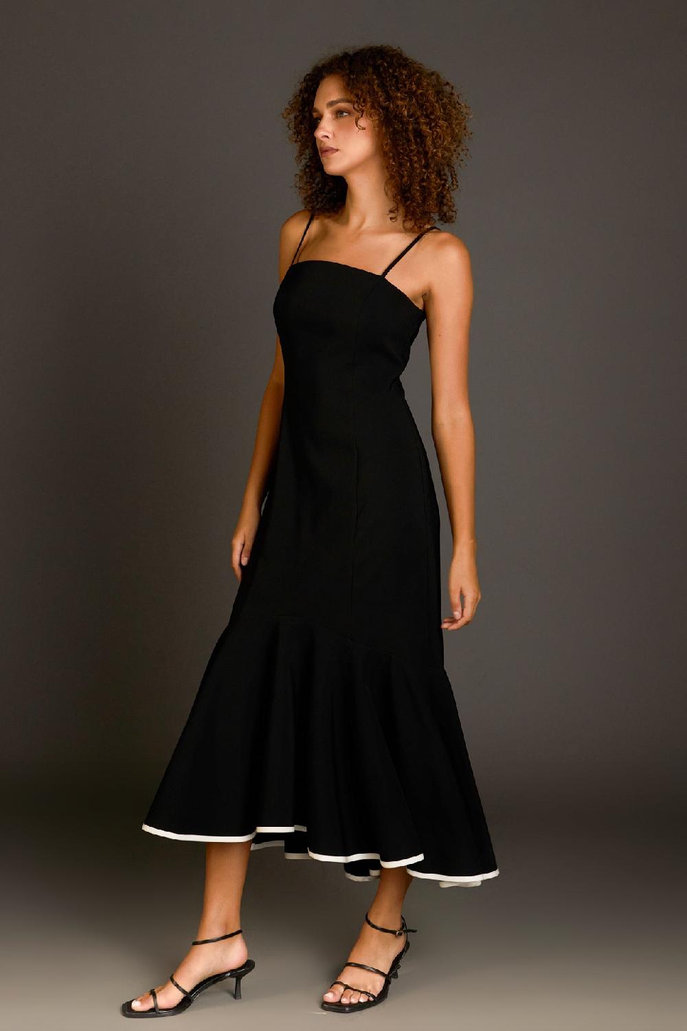 Endless Rose Contrast Binding Flounce Maxi Dress BLACK