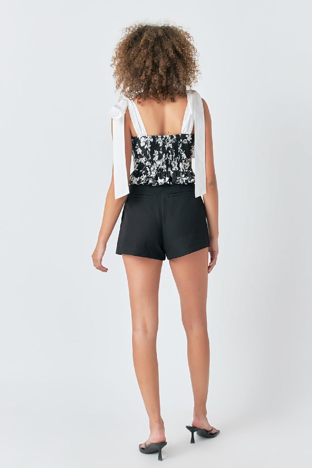Endless Rose Contrast Bow Strap Printed Top BLACK/WHITE