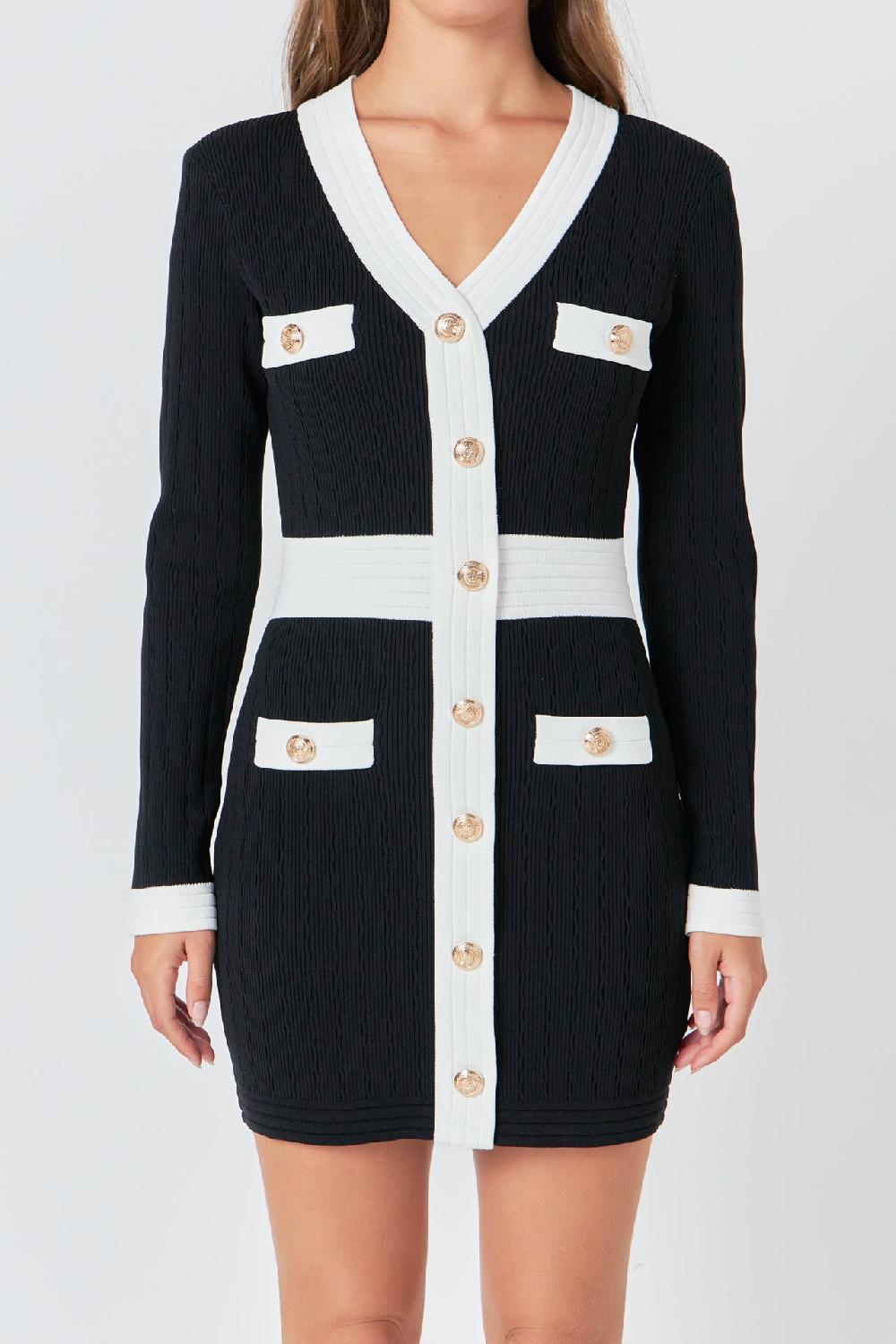 Endless Rose Contrast Detail V-neck Knit Mini Dress BLACK/WHITE