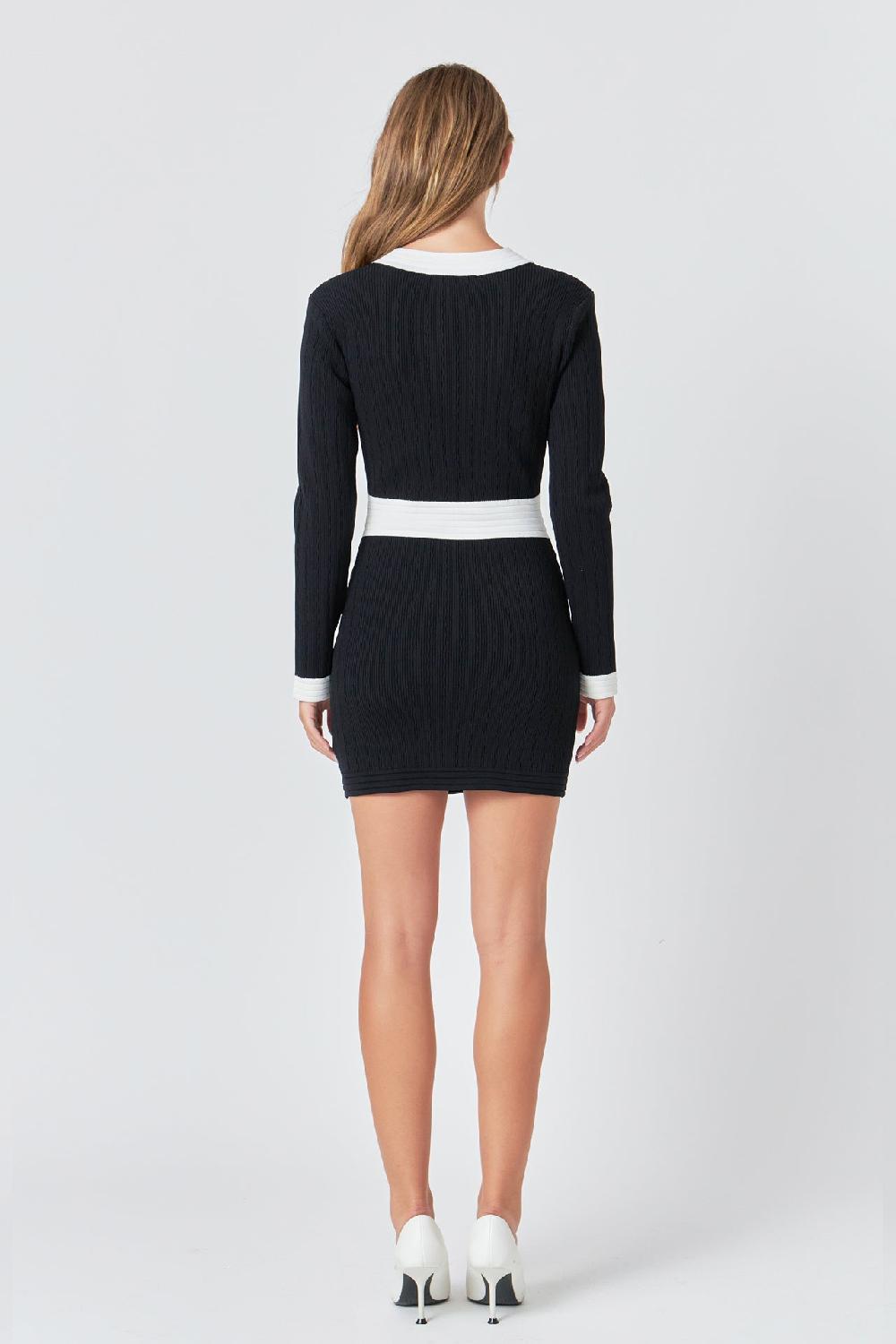 Endless Rose Contrast Detail V-neck Knit Mini Dress BLACK/WHITE