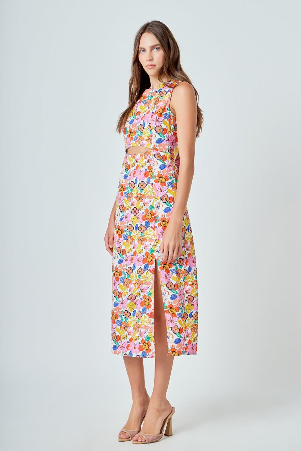 Endless Rose Cotton Floral Print Cutout Maxi Dress WHITE MULTI
