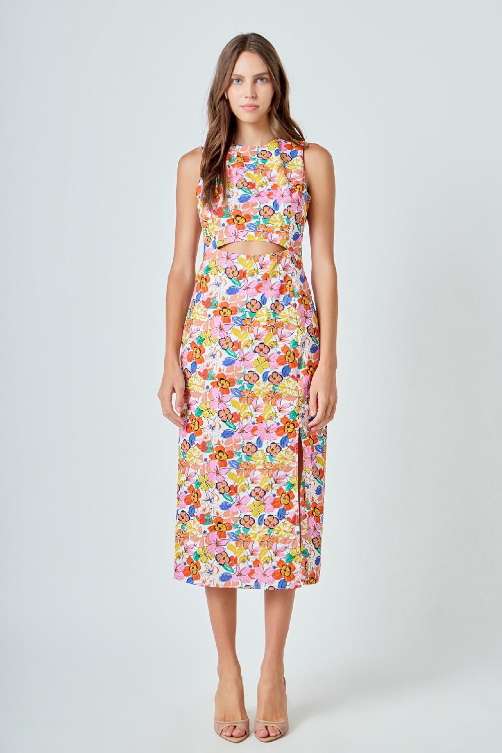 endless rose Cotton Floral Print Cutout Maxi Dress WHITE MULTI