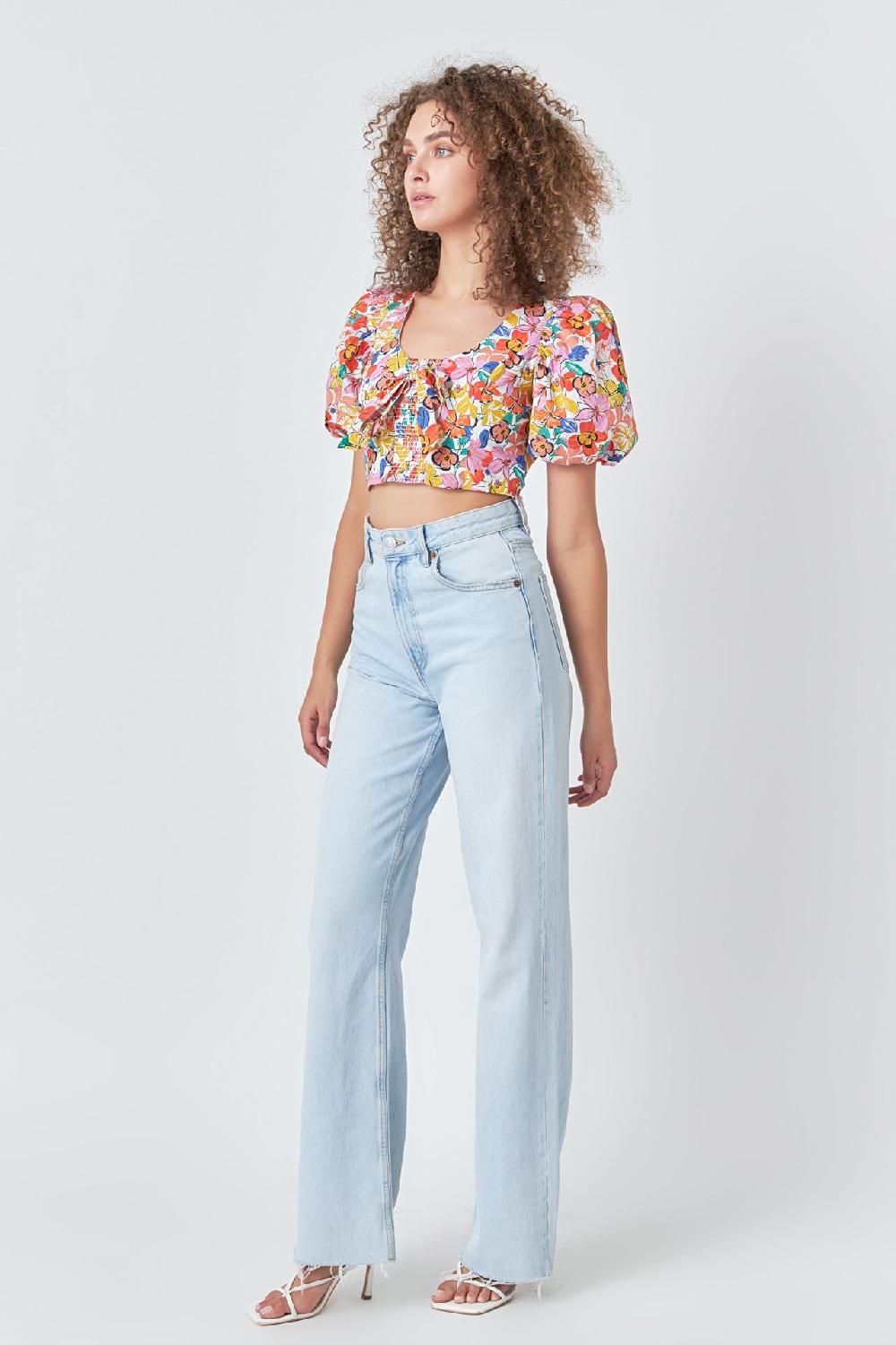 Endless Rose Cotton Floral Print Puff Sleeve Top WHITE MULTI