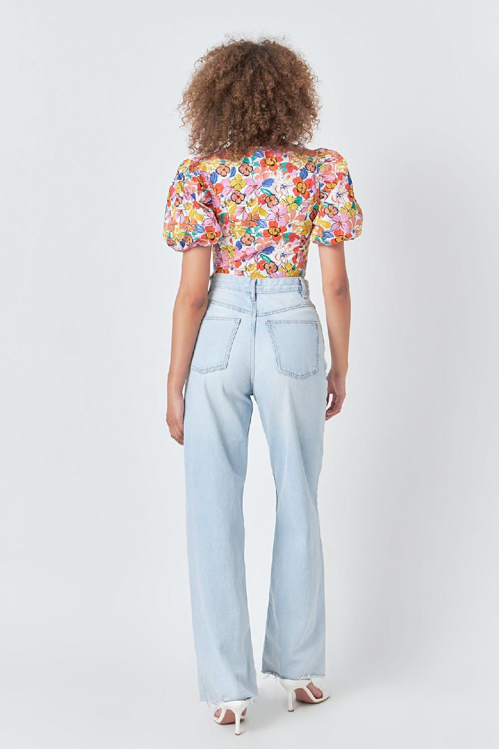 Endless Rose Cotton Floral Print Puff Sleeve Top WHITE MULTI