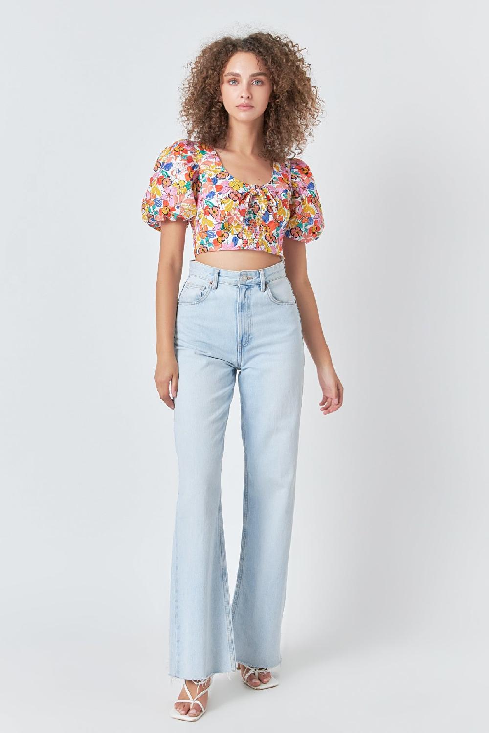 endless rose Cotton Floral Print Puff Sleeve Top WHITE MULTI