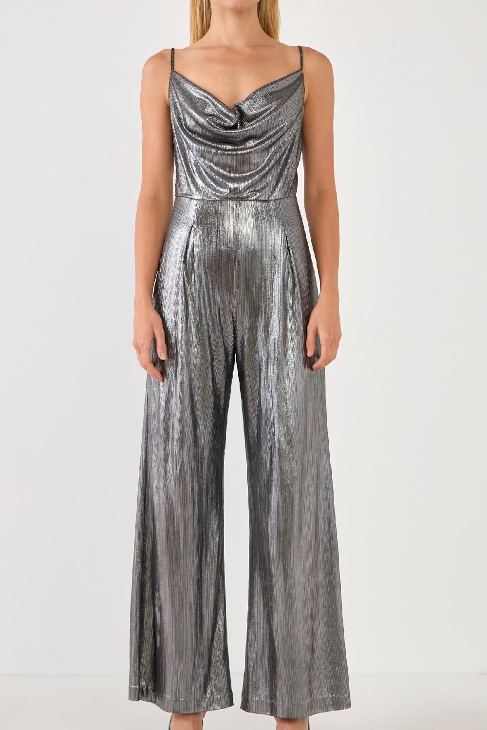 Endless Rose Cowl Neck Cami Bodice Metallic Jumpsuit DARK SILVER