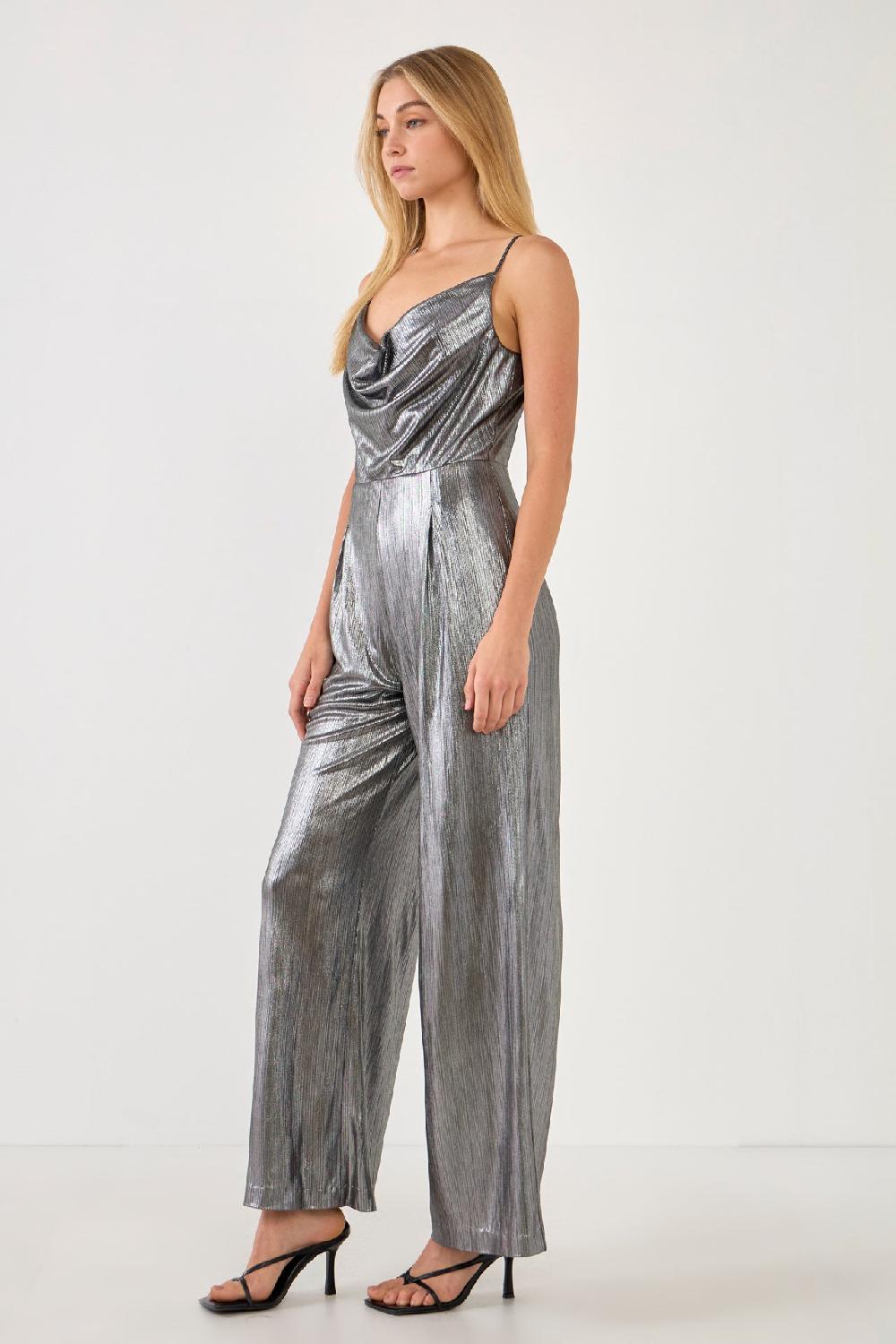 Endless Rose Cowl Neck Cami Bodice Metallic Jumpsuit DARK SILVER