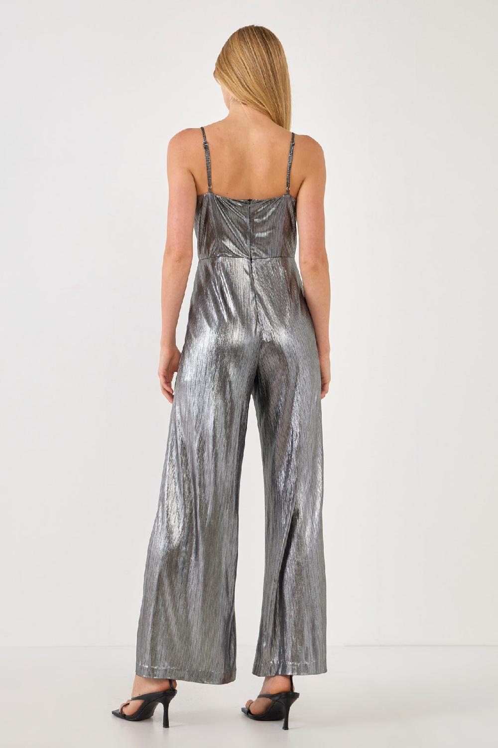 Endless Rose Cowl Neck Cami Bodice Metallic Jumpsuit DARK SILVER