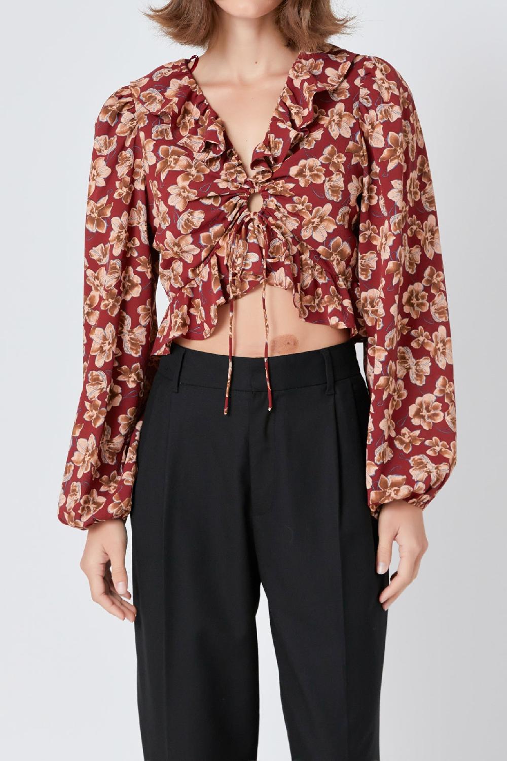 Endless Rose Crinkled Floral Center Cutout Blouse BURGUNDY MULTI