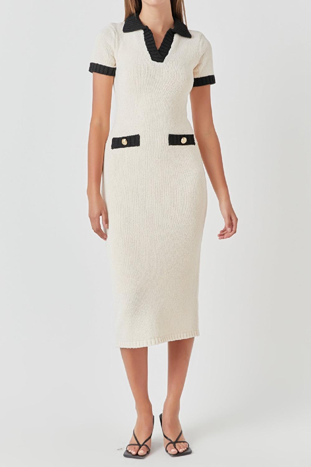 Endless Rose Crochet Knit Collared Maxi Dress CREAM/BLACK