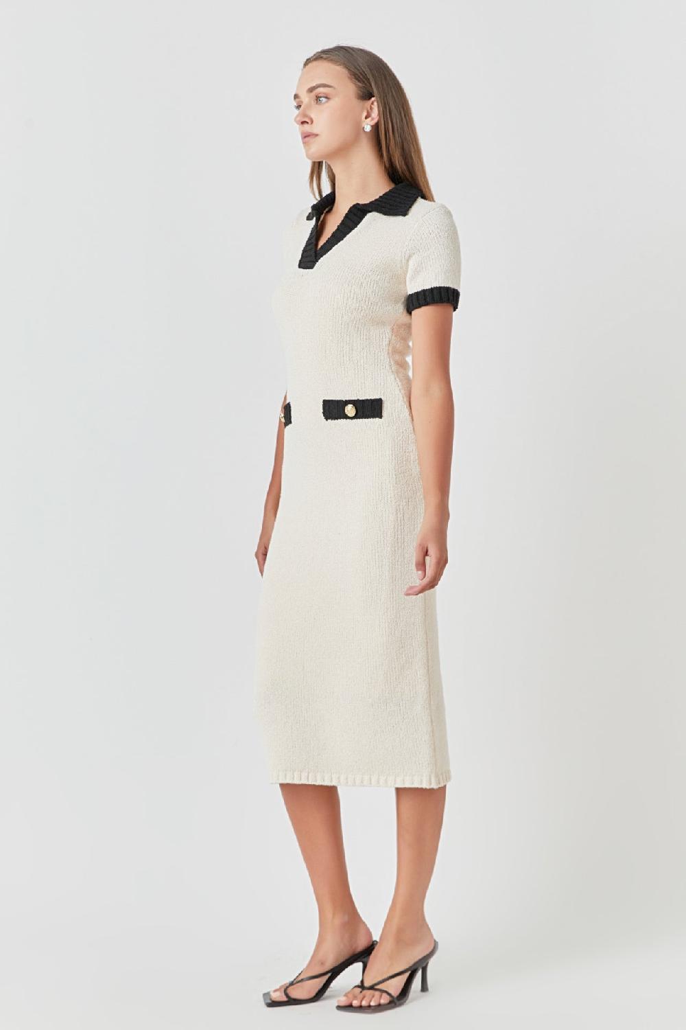 Endless Rose Crochet Knit Collared Maxi Dress CREAM/BLACK