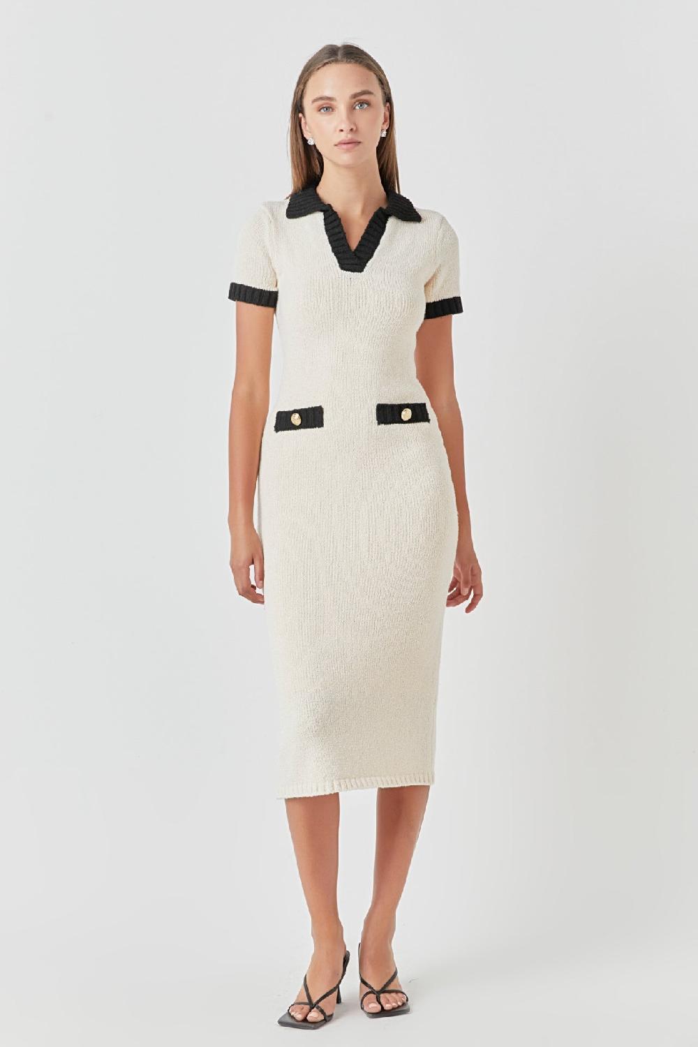 endless rose Crochet Knit Collared Maxi Dress CREAM/BLACK