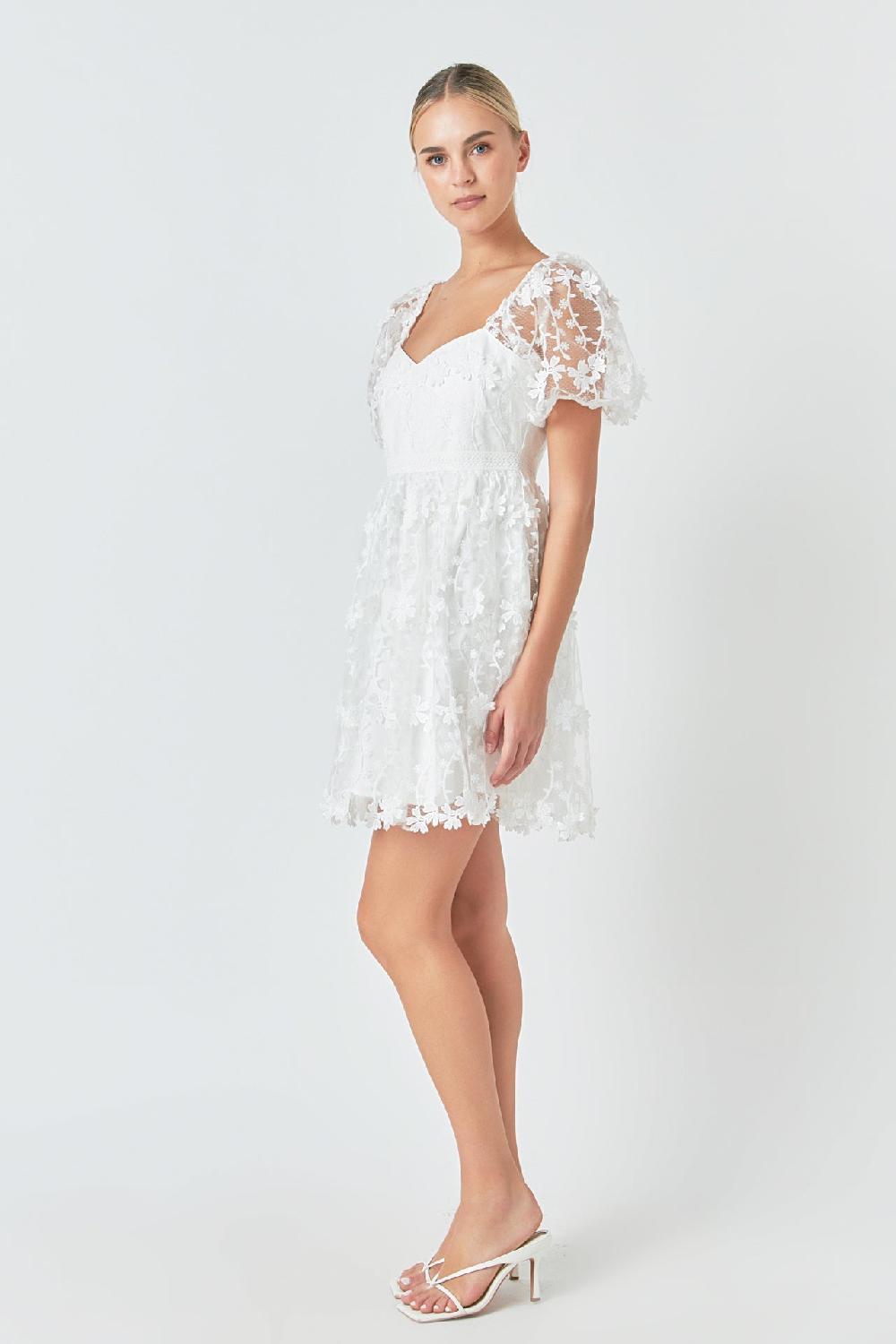 Endless Rose Crochet Lace Bustier Puff Mini Dress WHITE