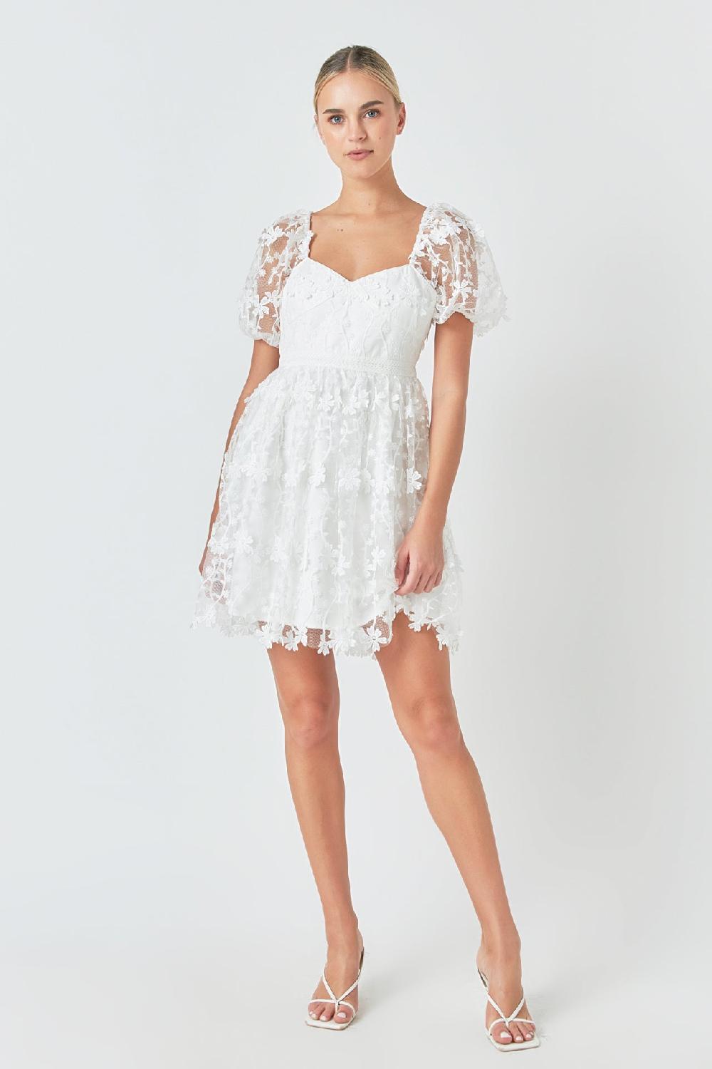 endless rose Crochet Lace Bustier Puff Mini Dress WHITE