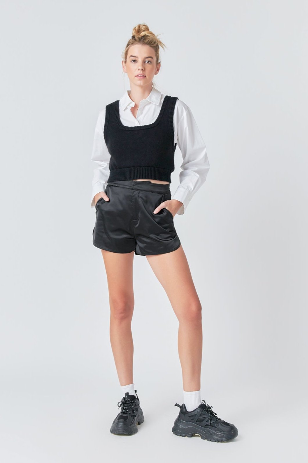 Endless Rose Cropped Knit Top Over Shirt BLACK/WHITE