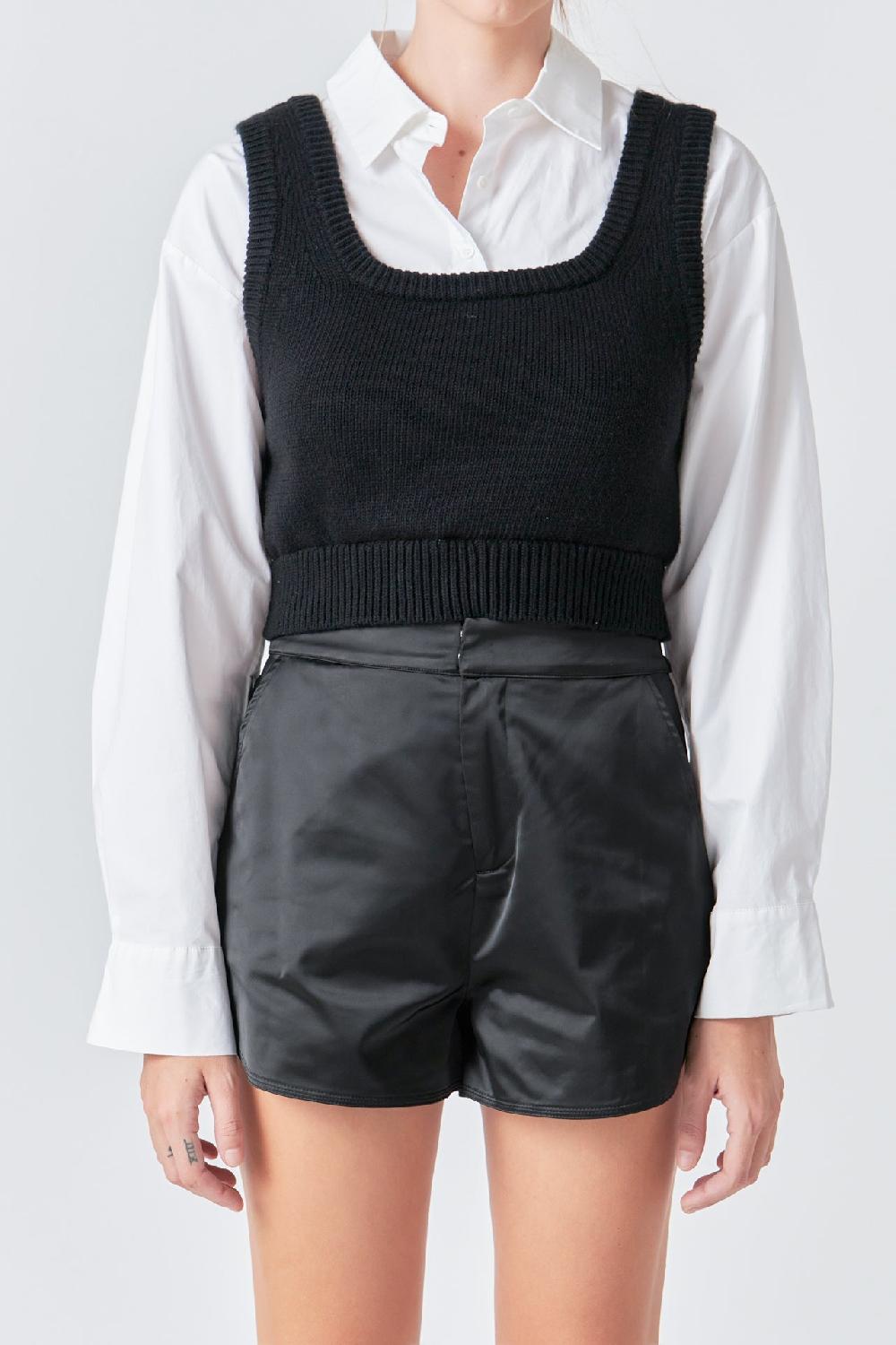 Endless Rose Cropped Knit Top Over Shirt BLACK/WHITE