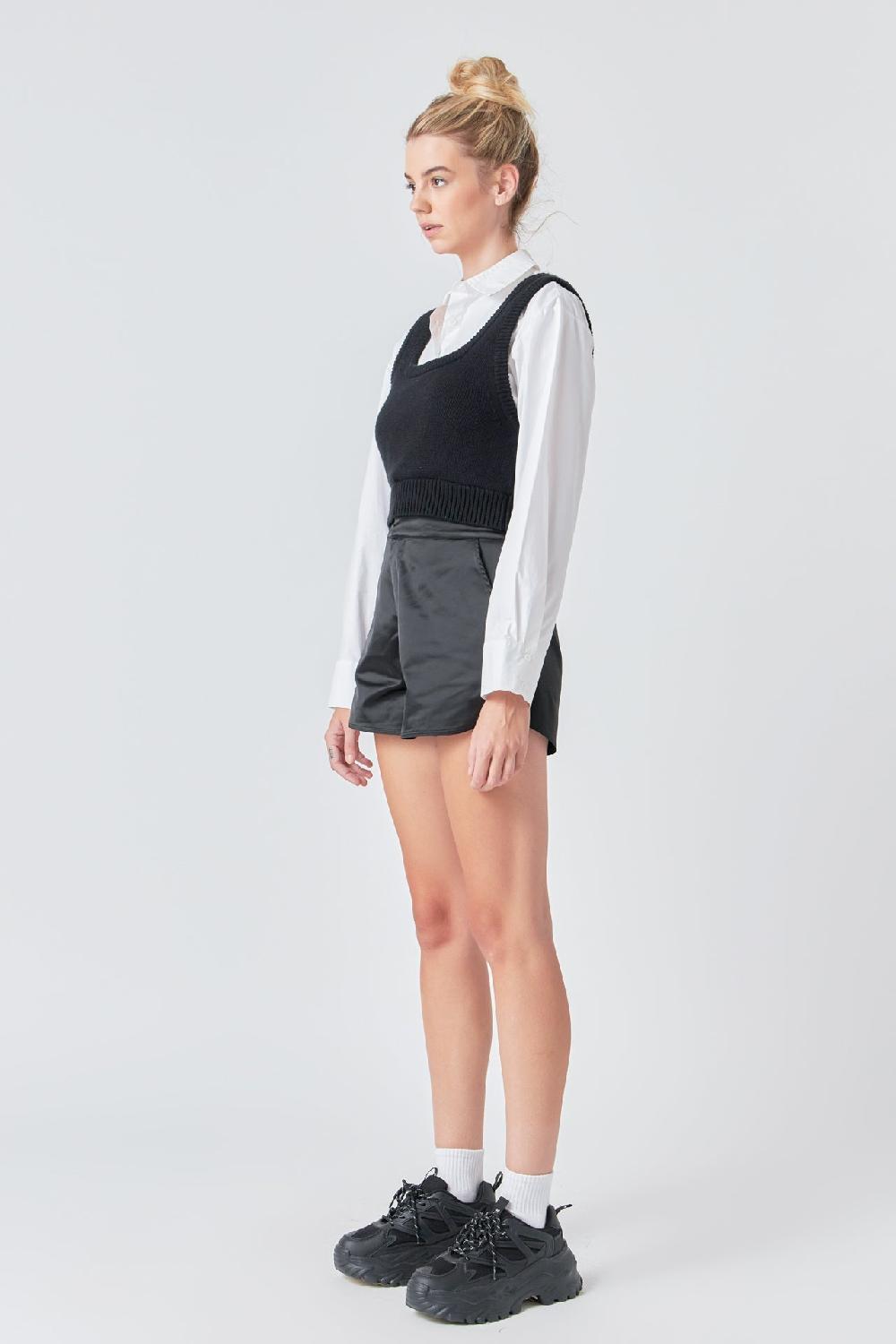 Endless Rose Cropped Knit Top Over Shirt BLACK/WHITE